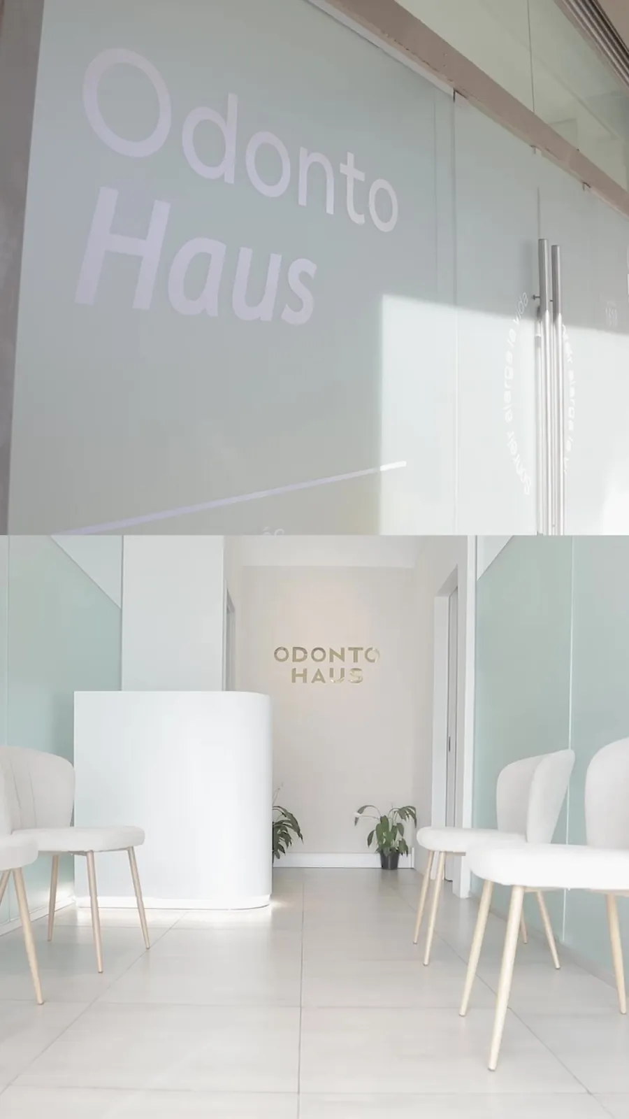 Vidrio con el logo de OdontoHaus en la clínica